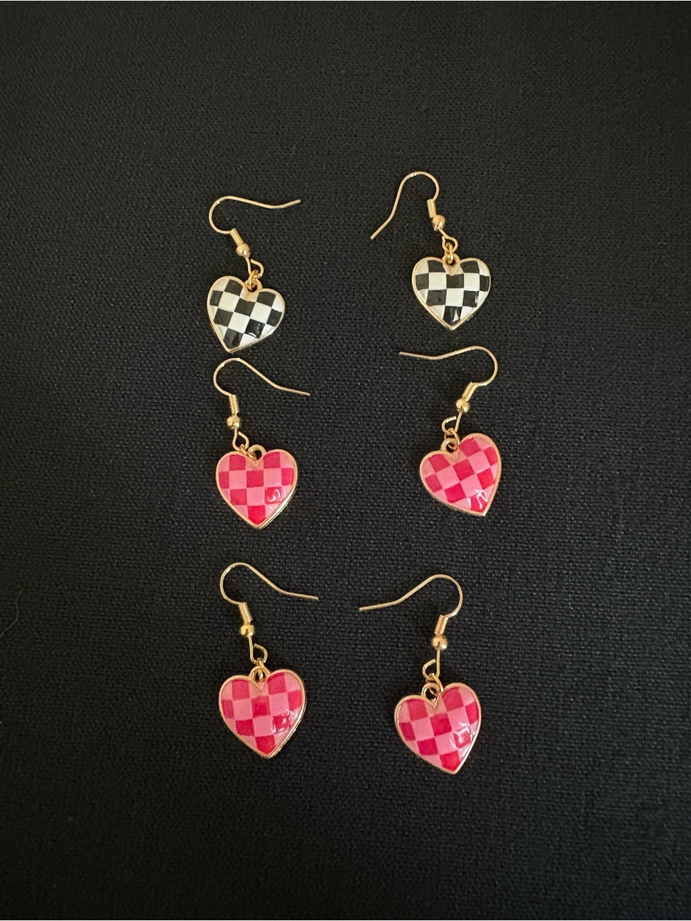 Hand Crafted Gold-Tone Checkerboard Heart Drop Earrings in Pink and Black